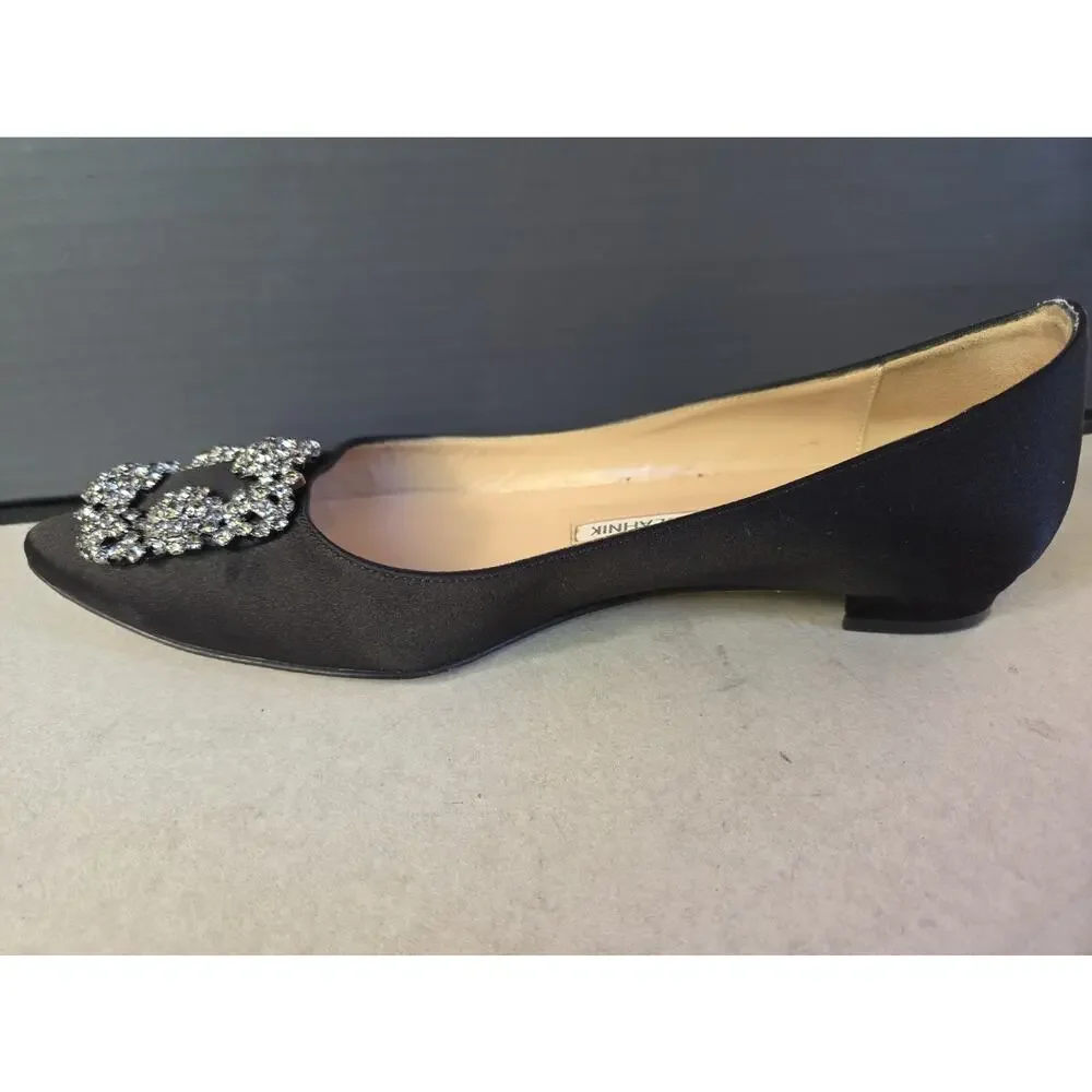Manolo Blahnik Hangisi Jewel Buckle Flat Pumps Black Satin Women's 36 US8 w/Box